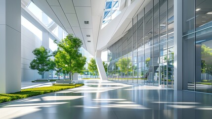 Modern Glass Facade Office Building with Green Landscaping