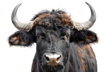 Naklejka premium A bull with large horns standing on a white background.