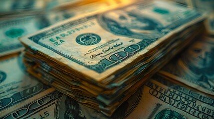  A stack of cash illuminated by a bright light.