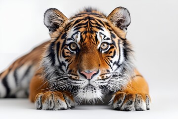 Fototapeta premium A majestic tiger sitting on a white background.