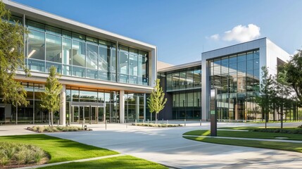 Fototapeta premium Modern Office Building with Glass Facade and Landscaped Grounds
