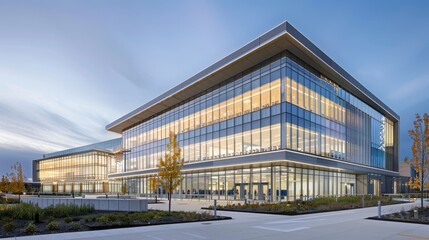 Fototapeta premium Modern Office Building with Glass Facade and Landscaping