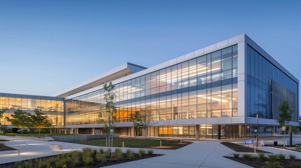Fototapeta premium Modern Office Building with Glass Facade and Landscaped Courtyard