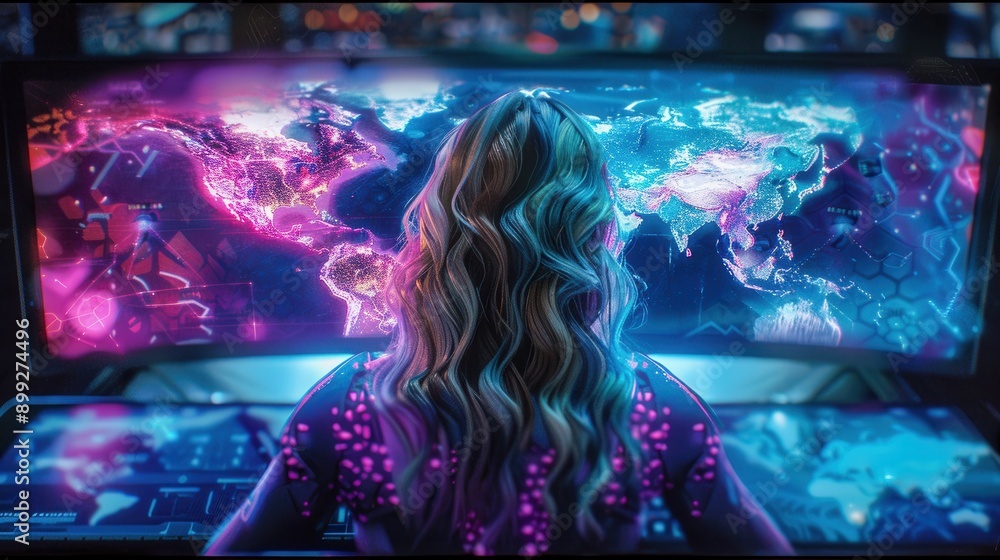 Poster a digital strategist monitors global data on advanced screens in a vibrant and high-tech environment
