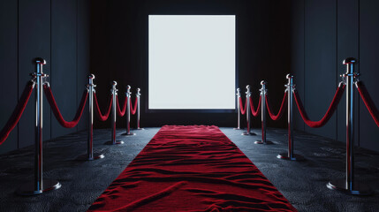 a red carpet with velvet ropes and a blank white movie screen on a black background