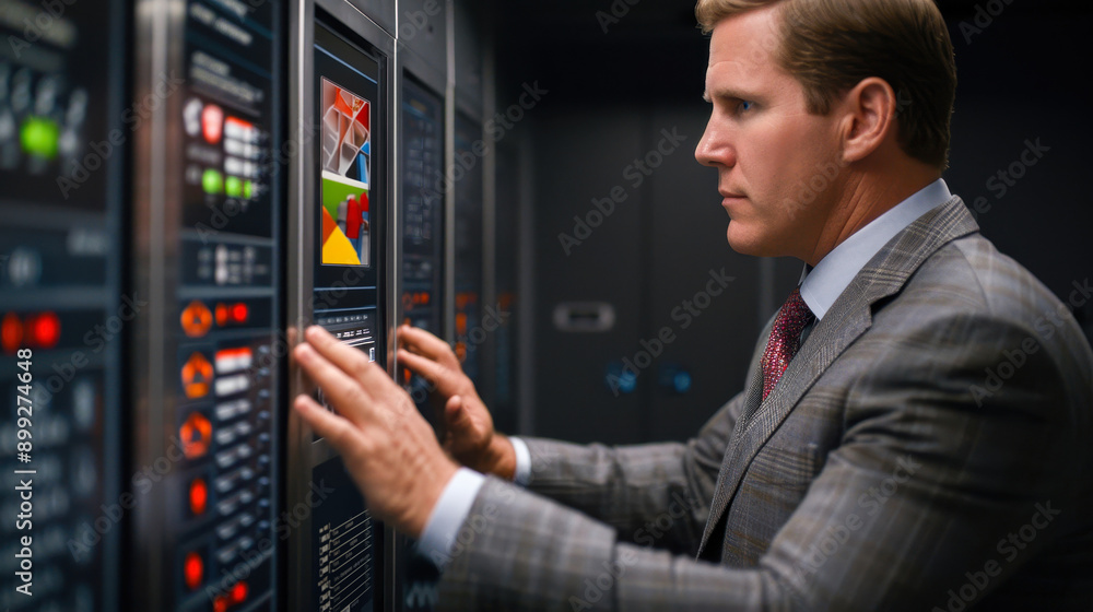 Poster a focused professional in a suit interacts with a server, illustrating technology and business integ