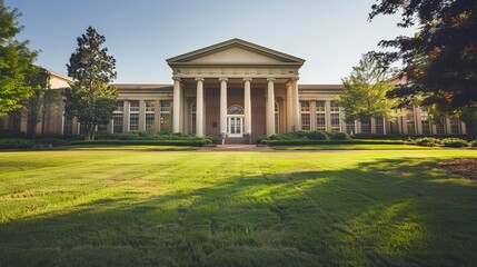 Neoclassical Building with Columns and Green Grass
