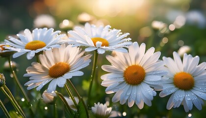 Obraz premium Close up daisies in spring garden with sunsets 