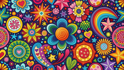 Fototapeta premium Vibrant abstract shapes in retro groovy style, featuring flowers, stars, waves, hearts, circles, and spirals in bold colors and abstract patterns, perfect for posters and stickers.