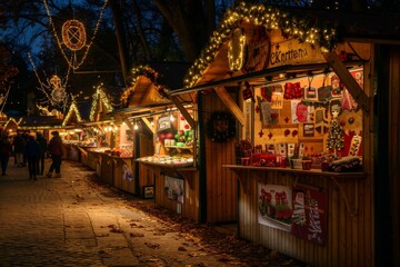 Obraz premium Christmas Market Stalls Illuminated at Night