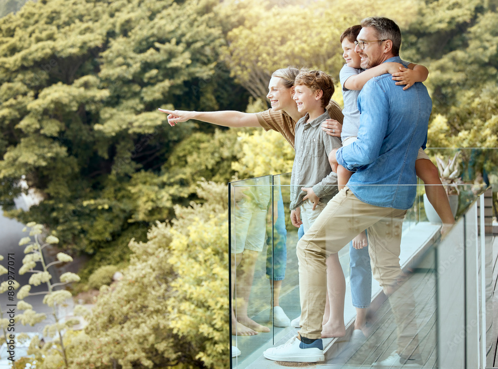 Poster Happy, family and and pointing on balcony, parents and bonding with children, smile and love in home. Outdoor, mom and dad with kids, hand and glasses for man, summer and woman in property and house