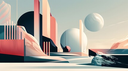 Captivating geometric landscape with dynamic overlapping architectural forms diverse color palette and retro futuristic digital Showcasing a modern minimalist and stylized design 