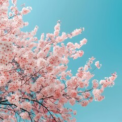photograph of a lush blooming cherry blossom tree with delicate pale pink petals cascading against a cloudless cerulean sky captured with a professional grade DSLR crisp sharp A serene tranquil 