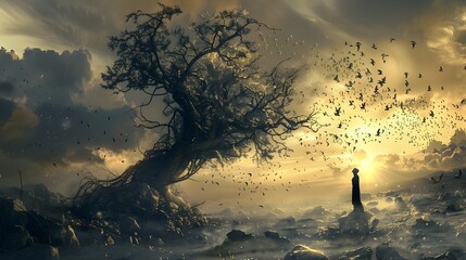 Breathtaking surreal landscape featuring a twisted gnarled tree silhouetted against a dramatic moody sunset sky with swirling clouds and a flock of birds taking flight 