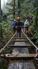 Group of corporate professionals engaging in outdoor experiential learning activities during team building retreat in scenic natural forest landscape with rustic cabin backdrop promoting unity 