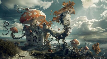 Surreal fantastical landscape featuring a composition of organic mushroom like creatures and other imaginative whimsical elements set against a captivating 