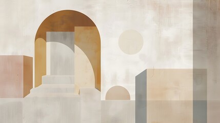 Minimalistic abstract digital painting featuring an earthy toned composition with simple geometric shapes gradients and architectural motifs in a clean Bauhaus inspired layout 