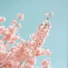 Captivating Blossoms Against a Cerulean Sky A Lush Cherry Tree in Full Spring Splendor Its Delicate Pink Petals Cascading Gracefully and Painting the Scene in a Serene Dreamy Ambiance