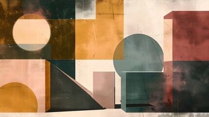 Minimalist abstract composition featuring a harmonious blend of simple geometric shapes gradients and earthy color tones 