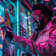 Closeup of a thrilled individual with a bright smile triumphantly pressing the  Buy Now  button on a futuristic touchscreen device surrounded by a dynamic neon infused urban landscape 