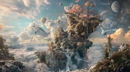 Captivating digital artwork depicting a fantastical surreal dreamscape with organic imaginative forms and floating landscapes  Featuring ethereal whimsical elements evocative symbolism 