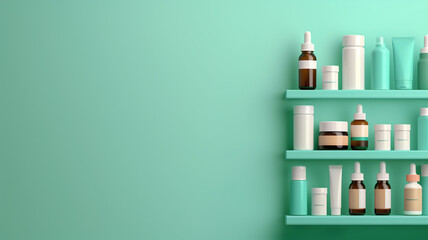 Organized Pharmaceutical Products on Green Shelves Minimalist Display