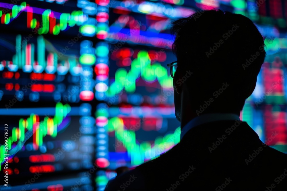 Poster silhouette of a trader watching stock market data