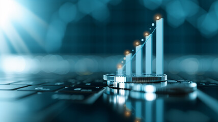 3D Financial Growth Chart with Coins on Reflective Surface