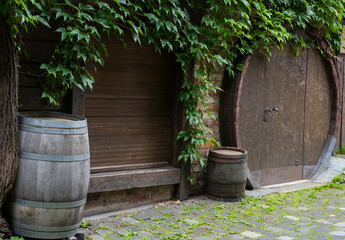 Fototapeta premium Door from wooden wine barrel