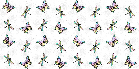 Rainbow butterflies and dragonflies with black edging on a white background with gray spring flowers. Summer endless texture with colorful insects. Vector seamless pattern for wrapping paper, giftwrap