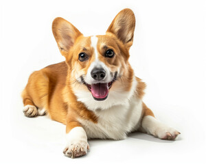 portrait of a beloved pet, studio shot of a red and white corgi lying on its stomach against a light background, highlighting its affectionate and charming personality