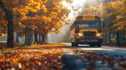 Obraz premium Yellow school bus on the road in the autumn countryside and sunset in the background. Back to School and education concept.