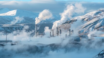 Geothermal power plant with steam rising, mountains in background