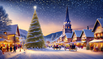 Fototapeta premium Breitbild einer winterlichen und weihnachtlichen Stadt am Abend, mit Schnee und beleuchteten Fenstern rund um einen Marktplatz auf dem ein großer Weihnachtsbaum, oder Christbaum steht.