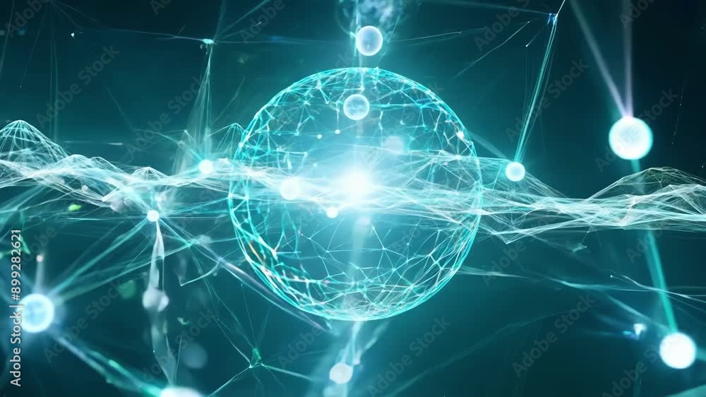 Poster light particles rushing through a network of interconnected quantum spheres.