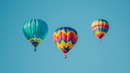 Naklejka premium Three colorful hot air balloons in clear blue sky