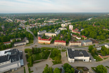 Aerial View Of Scenic Town Surrounded By Lush Greenery And Forest. City Valmiera, Latvia