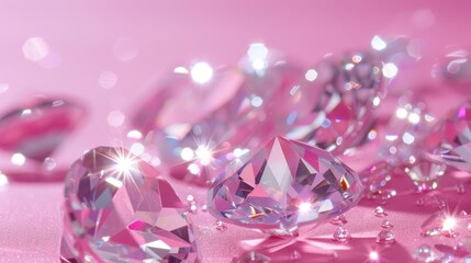 Sparkling diamonds with a bokeh effect on a pink background create a luxurious and elegant concept.