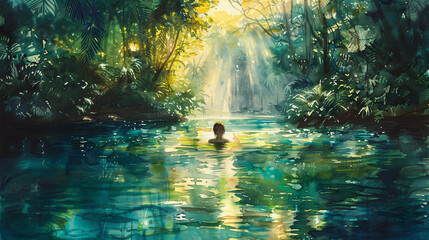 Fototapeta premium A man is swimming in a lake with trees in the background