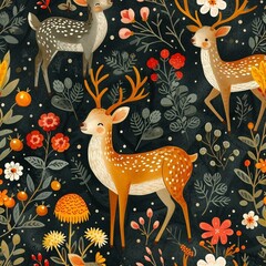 Embroidery christmas horizontal seamless pattern with deers, flowers and pine . embroidered new year floral elements on black background for design.