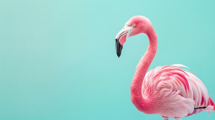 Pink flamingo on light blue background with copy space. Summer banner 