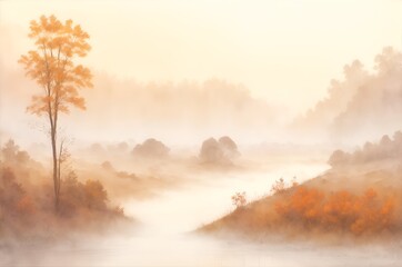 Fototapeta premium Autumn landscape with trees near the river in the fog, sepia