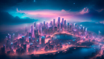 Obraz premium futuristic city skyline at night, with tall buildings lit in neon pink and blue lights.
