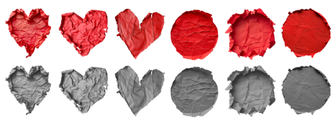 Collection set of red maroon grey gray crumpled crushed scrunched tear torn paper heart love, circle round shape on transparent cutout, PNG file. Many different design. Mockup template artwork graphic