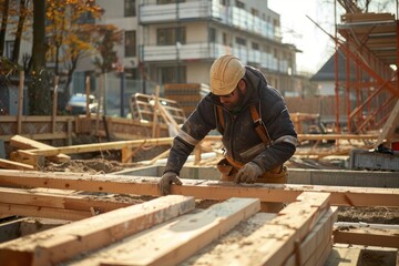 Eco-conscious construction worker at a building site, green materials, sustainable urban development
