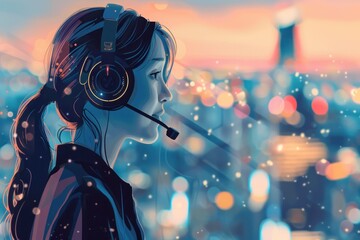 Female tech support agent in a headset, urban skyline backdrop, showcasing modern customer service and support