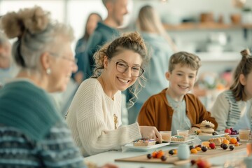 A Photo of A cozy Labour Day community center event with families enjoying traditional foods, playing board games, and socializing