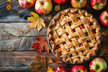 Delicious homemade apple pie with a lattice crust, surrounded by fresh apples and autumn leaves on wooden table