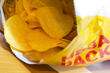tasty chips in a sachet close up. Mega pack