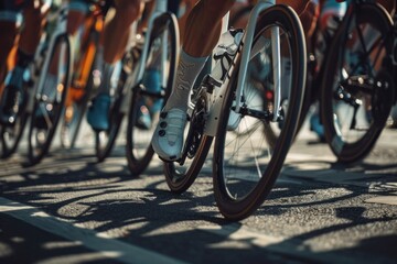 Naklejka premium Detailed shot of cyclists' wheels and shoes in a race, with sunlit shadows
